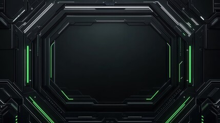 Poster - Futuristic metallic frame with glowing green accents, abstract geometric design. Ideal for technology backgrounds, game design, sci-fi themes, and digital art.
