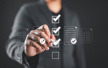 Poster - Smart checklist document management certificate and quality control concept, Businessman mark on checklist box database and process automation to efficiently manage files Standardization of product.