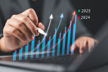 Aufkleber - Business 2025 graphs statistics to analyze business potential concepts, Businessman use Laptop analytics charts, forecast the future, Marketing targets growth to optimize performance for profit.