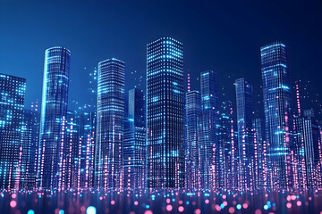 Poster - a futuristic skyline of skyscrapers illuminated by glowing lights