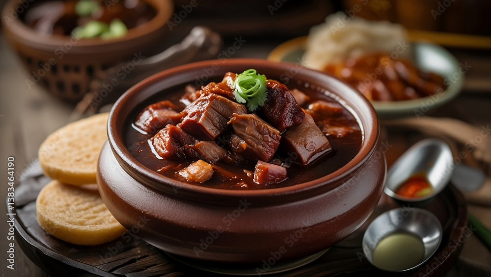 Dinuguan, a Filipino pork blood stew, served in a traditional clay pot ...