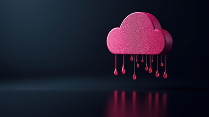 Poster - pink cloud with dripping red droplets symbolizes data security and potential vulnerabilities in cloud computing. dark background enhances contrast and highlights concept