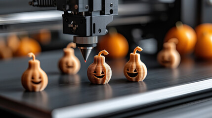 Poster - 3D printer creating custom fruit shapes with vibrant colors, featuring small pumpkin like objects with smiling faces. scene is playful and innovative, showcasing technology in design