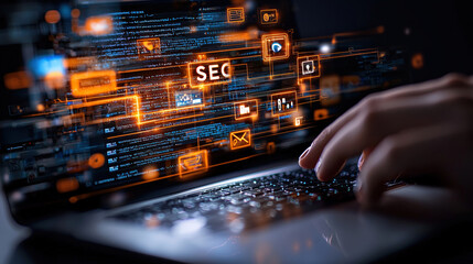 Aufkleber - close up of hand typing on laptop keyboard with digital SEO graphics overlay, highlighting concept of search engine optimization in dynamic and futuristic style