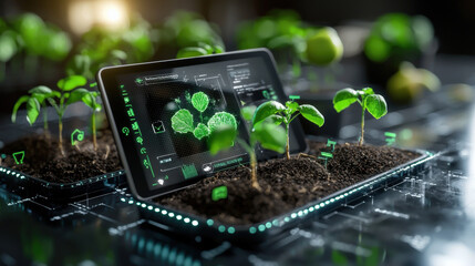 Aufkleber - digital tablet displays plant data in futuristic garden with smart watering systems, surrounded by vibrant green seedlings. technology enhances efficient growth