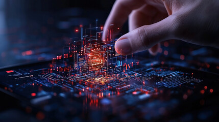 Poster - hand interacts with digital interface, showcasing futuristic digital marketing campaign on tablet. scene is illuminated with vibrant red and blue lights, creating high tech atmosphere