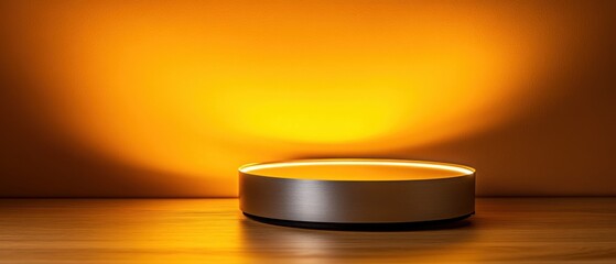 Wall Mural - modern illuminated platform with warm orange light, product display stage for showcasing luxury item