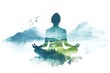 © Chen - Watercolor silhouette of woman meditating in lotus position with natural landscape double exposure effect, symbolizing mindfulness, peace, spiritual harmony, and connection with nature.