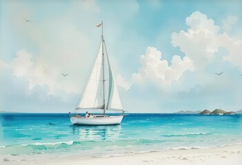   Aqua Serenity A Watercolor Illustration of a White Sailboat Drifting on Turquoise Ocean Next to a White Sand Beach.
