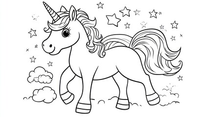 Cute unicorn coloring page, fantasy, stars, clouds (1)