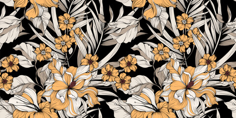  Seamless flowers pattern in vector. Tropical leaves pattern.