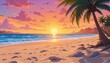 © Aumporn - Cartoon Beach Sunset A Playful Scene Bursting with Exaggerated Colors