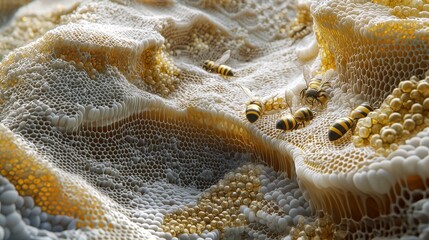 Fototapete - Ultra-realistic 3D rendering of a beehive ecosystem, showing bees in different growth stages--egg, larva, pupa, and adult--inside the hexagonal cells.