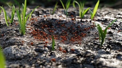 Fototapete - Ultra-realistic 3D rendering of an ant nest ecosystem, showing foraging ants bringing food, larval development, and nest expansion.