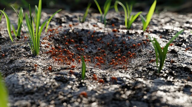 Ultra-realistic 3D rendering of an ant nest ecosystem, showing foraging ants bringing food, larval development, and nest expansion.