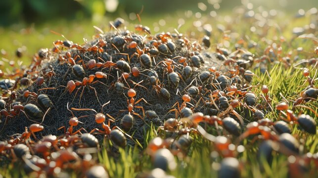 Ultra-realistic 3D rendering of an ant nest ecosystem, showing foraging ants bringing food, larval development, and nest expansion.