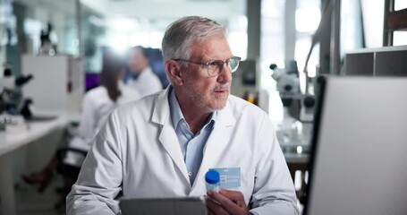 Poster - Scientist, man and tablet with test tube, laptop or review process for results, pharma study or medical research. Mature person, sample and clinical trial on touchscreen, app or report at laboratory