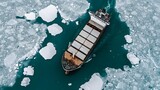 Aerial view of a massive cargo ship navigating through a frozen Arctic passage surrounded by drifting ice floes and a cold snowy landscape