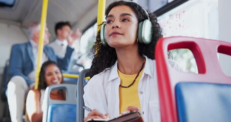 Poster - bus, headphones and woman in city thinking for journey, commute and travel to university in town. pu