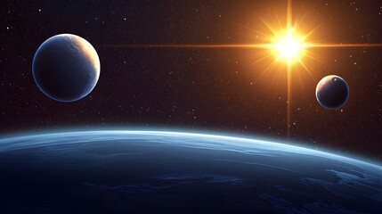 Wall Mural - Vast Cosmic View of Planets and Radiant Sun Over Earth in an Expansive Space Scene
