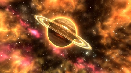 Wall Mural - A vibrant and radiant planet encircled by luminous ring structures