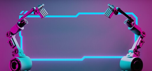 Wall Mural - technology scifi robot industrial arm with frame border led banner sign for cyberpunk gaming product