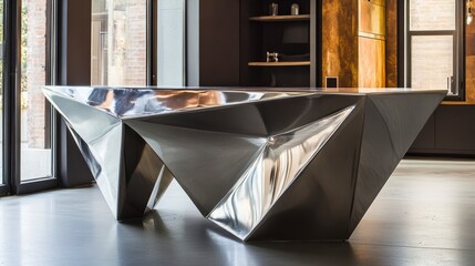 Poster - Polished,faceted, metallic, modern, geometric, sculptural coffee table in contemporary interior.