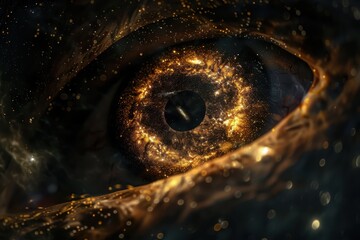 Wall Mural - close-up of a cosmic eye with swirling stars and golden dust in a dark background at night