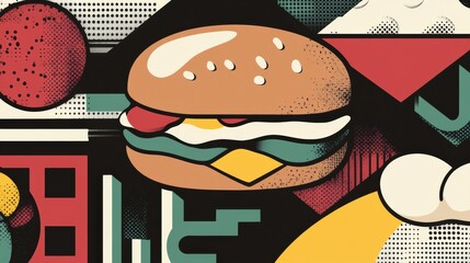 Poster - Bold and vibrant Memphis-style pop-art design featuring abstract food shapes and geometric elements in a playful colorful arrangement