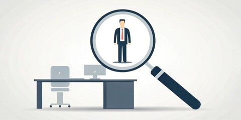 Poster - A magnifying glass focuses on a businessman standing on a desk, symbolizing scrutiny in the workplace.