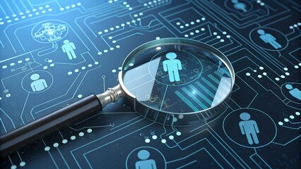 Aufkleber - A magnifying glass over digital network graphics highlighting figures, representing data analysis and technology.
