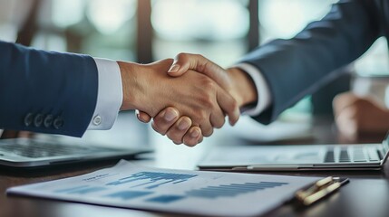 Aufkleber - Two professionals engage in a firm handshake, signifying mutual agreement amidst documents and a laptop. The atmosphere is filled with ambition and future prospects