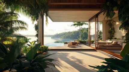 Aufkleber - Luxurious modern villa with infinity pool overlooking tropical ocean view.