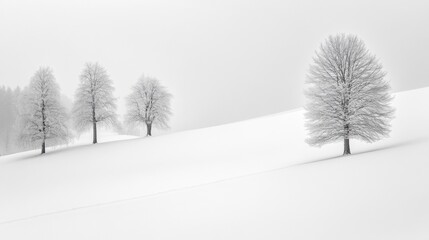 Poster - Snowy landscape showcases pure white curves and delicate shadows, creating a tranquil and minimalist atmosphere during winters embrace