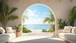 © thenort - Beach view through arched window in a bright, minimalist living room with sofas and plants.
