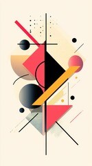 Poster - geometric shapes abstract design with a vertical split. The composition uses various geometric shapes and lines. The color palette incorporates red, yellow, black, and shades of gray with light beige
