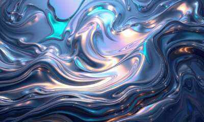 Poster - mesmerizing abstract design featuring swirling metallic waves in shades of blue, silver, and iridescent hues, creating sense of fluidity and depth