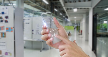 Poster - In office hallway, person interacting with futuristic transparent smartphone screen