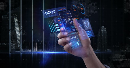 Poster - Interacting with holographic interface, hand displaying digital data and graphs