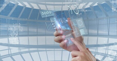 Poster - In school, person using futuristic transparent smartphone with holographic interface