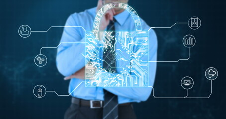 Aufkleber - Businessman contemplating digital security with virtual lock and technology icons