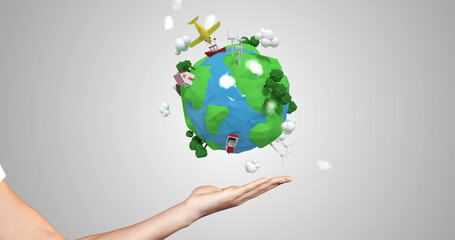 Poster - Holding miniature Earth with trees and buildings, hand symbolizes global care