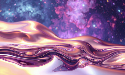 Fototapete - mesmerizing celestial hologram background featuring flowing, iridescent waves in shades of pink, gold, and purple, creating dreamy cosmic atmosphere