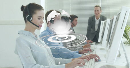 Poster - Image of network of connections over smiling caucasian office workers wearing headsets