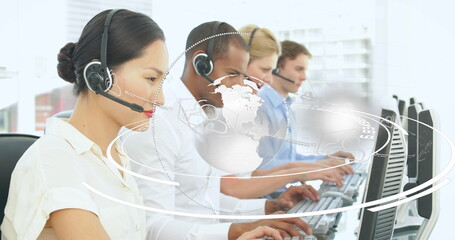 Poster - Image of network of connections over diverse office workers wearing headsets