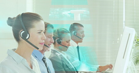 Poster - Image of network of connections over caucasian office workers wearing headsets