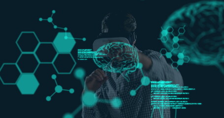 Poster - Image of human brains spinning and data processing over businessman wearing vr headset