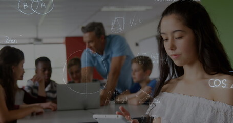 Poster - Image of mathematical equations over schoolchildren learning