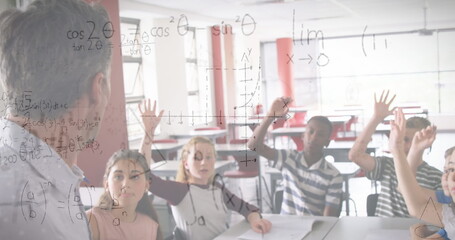Poster - Image of mathematical equations over schoolchildren learning