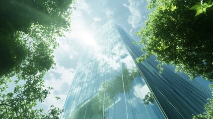 Poster - Modern glass skyscraper viewed from below, surrounded by lush green trees under a bright, sunny sky.